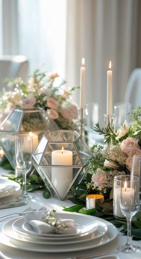 Elegant table setting with white plates, glassware, candles in geometric holders, and floral arrangements of white and pale pink flowers on a white tablecloth.