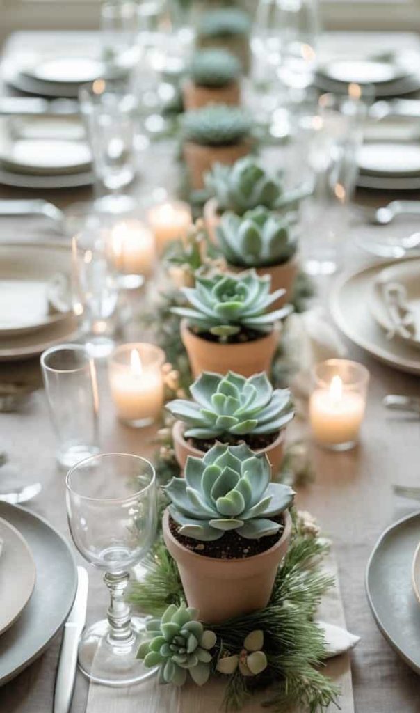 A dining table set with plates, glasses, napkins, and cutlery, decorated with potted succulents, greenery, and lit candles as a centerpiece.