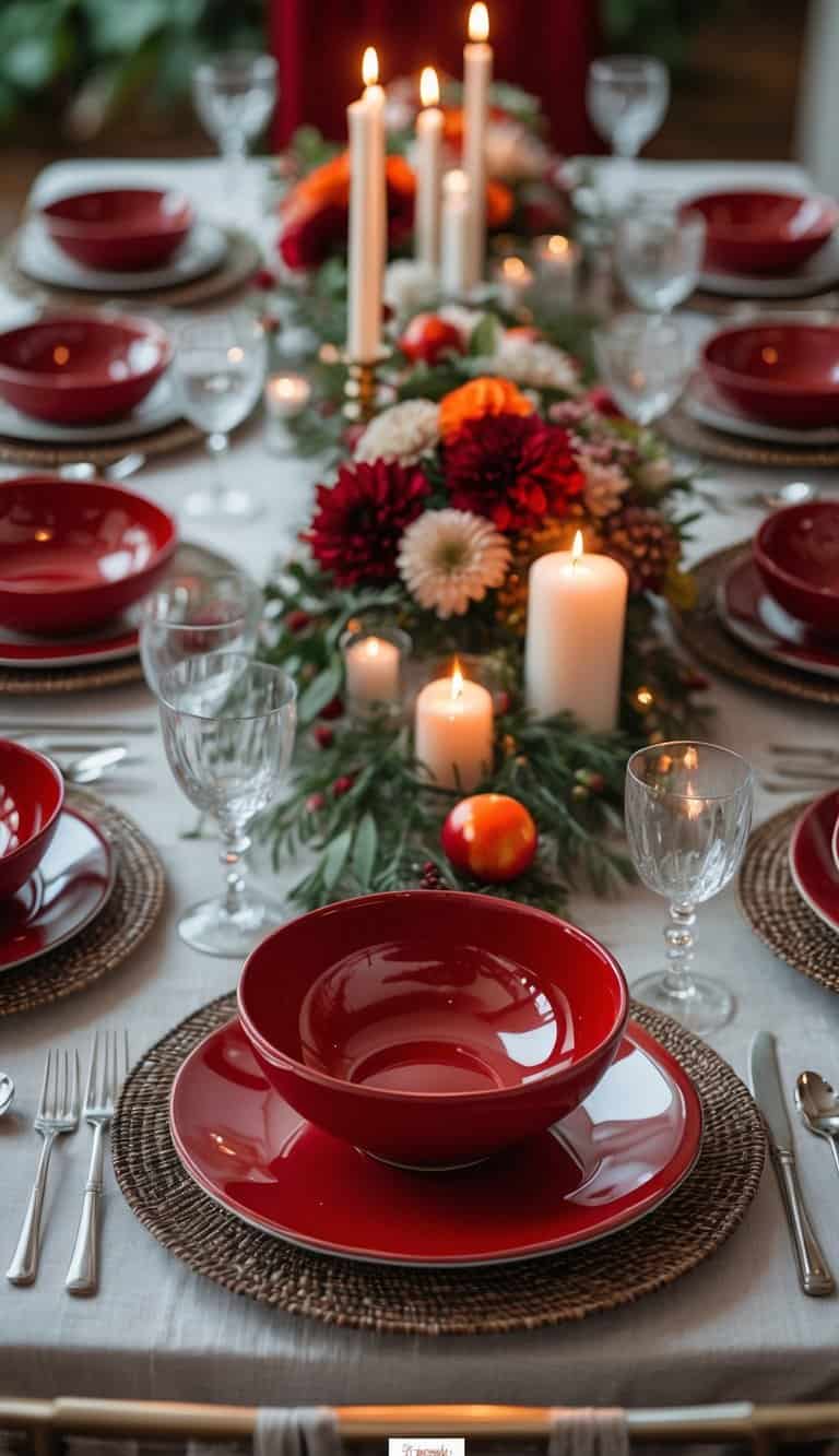 A dining table set with red ceramic bowls, plates, glasses, cutlery, floral centerpieces, and candles.