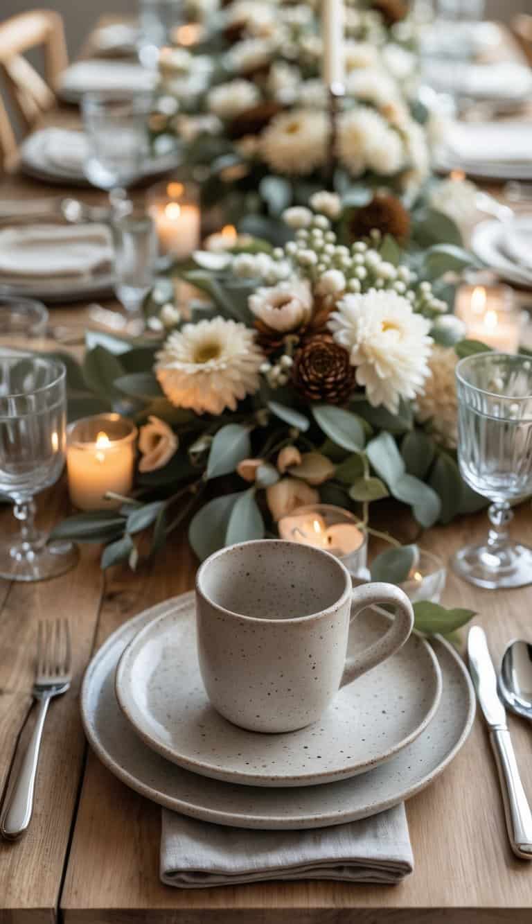 A dining table set with speckled stoneware mugs, plates, glasses, cutlery, floral centerpieces, and candles.