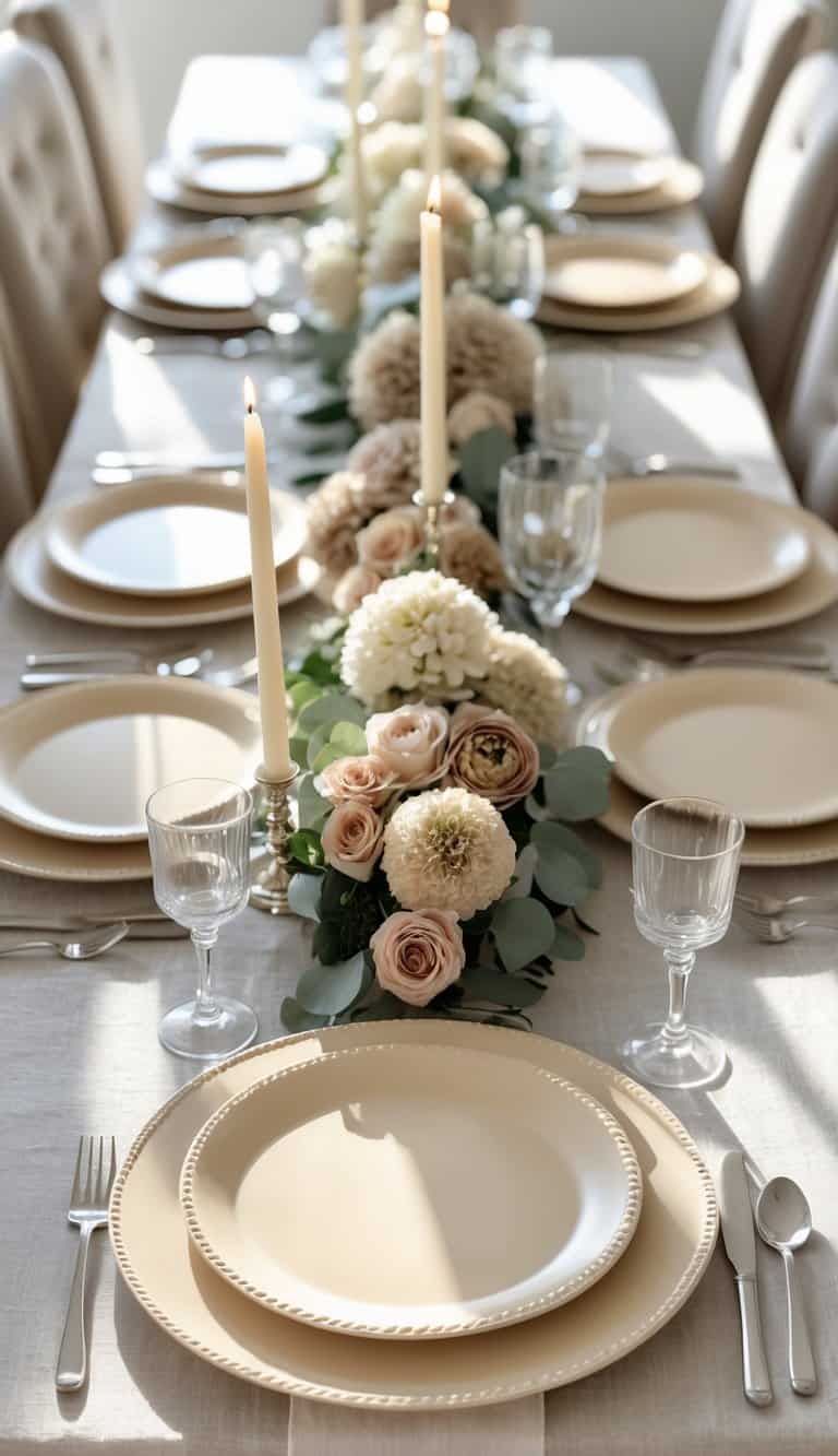 A dining table set with creamy beige charger plates, clear glasses, silver cutlery, candles, and floral centerpieces, lit by natural daylight.