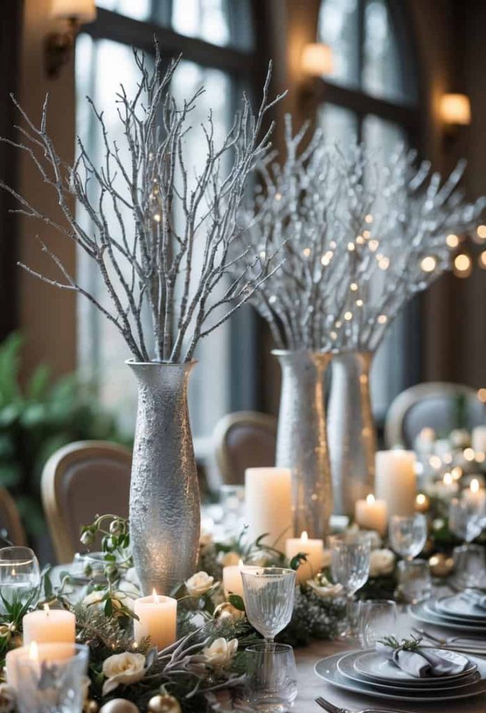 Elegant winter-themed table setting with silver vases holding white branches, surrounded by candles, glassware, plates, and festive greenery on a white tablecloth.
