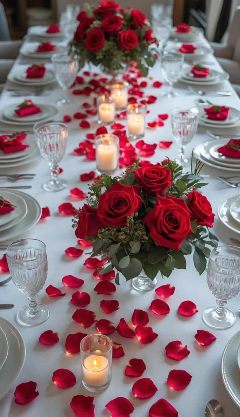 A dining table set with white plates, silver cutlery, clear glasses, red rose petals scattered on a white tablecloth, lit candles, and floral centerpieces with red roses.
