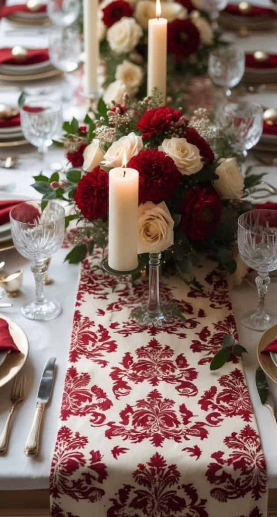 A formal dining table is set with red and white floral centerpieces, lit candles, crystal glassware, and plates with red napkins on a patterned runner.