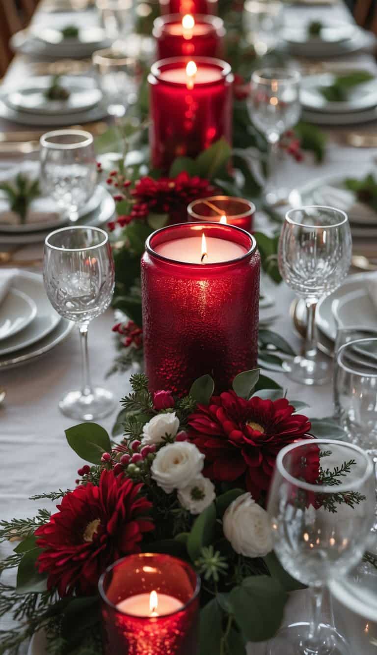 A dining table set with plates, glasses, cutlery, red glass candle jars, and floral centerpieces.