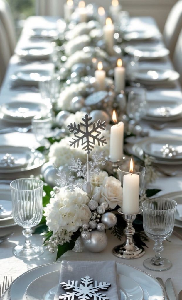 Elegant dining table set for a winter occasion with white plates, silver cutlery, snowflake decorations, white flowers, and lit candles as a centerpiece.