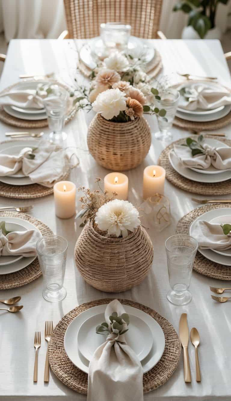 A dining table set with plates, glasses, cutlery, neutral woven baskets as centerpieces, candles, and flowers.