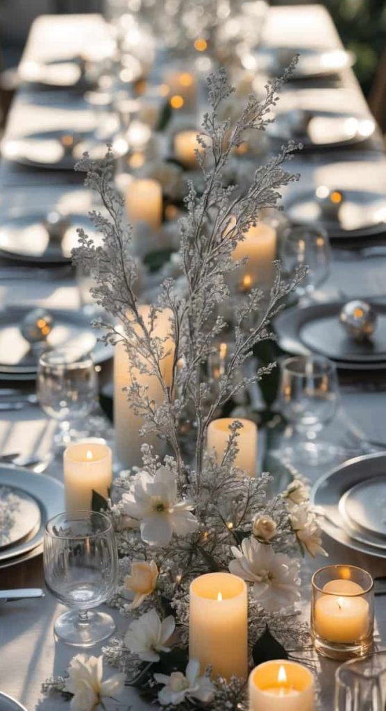 A long dining table set with white plates, glassware, white flowers, silver decor, and lit pillar candles arranged in the center.