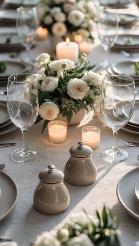 A formal dining table set with plates, glasses, and cutlery, decorated with white flowers and lit candles, creating an elegant atmosphere.