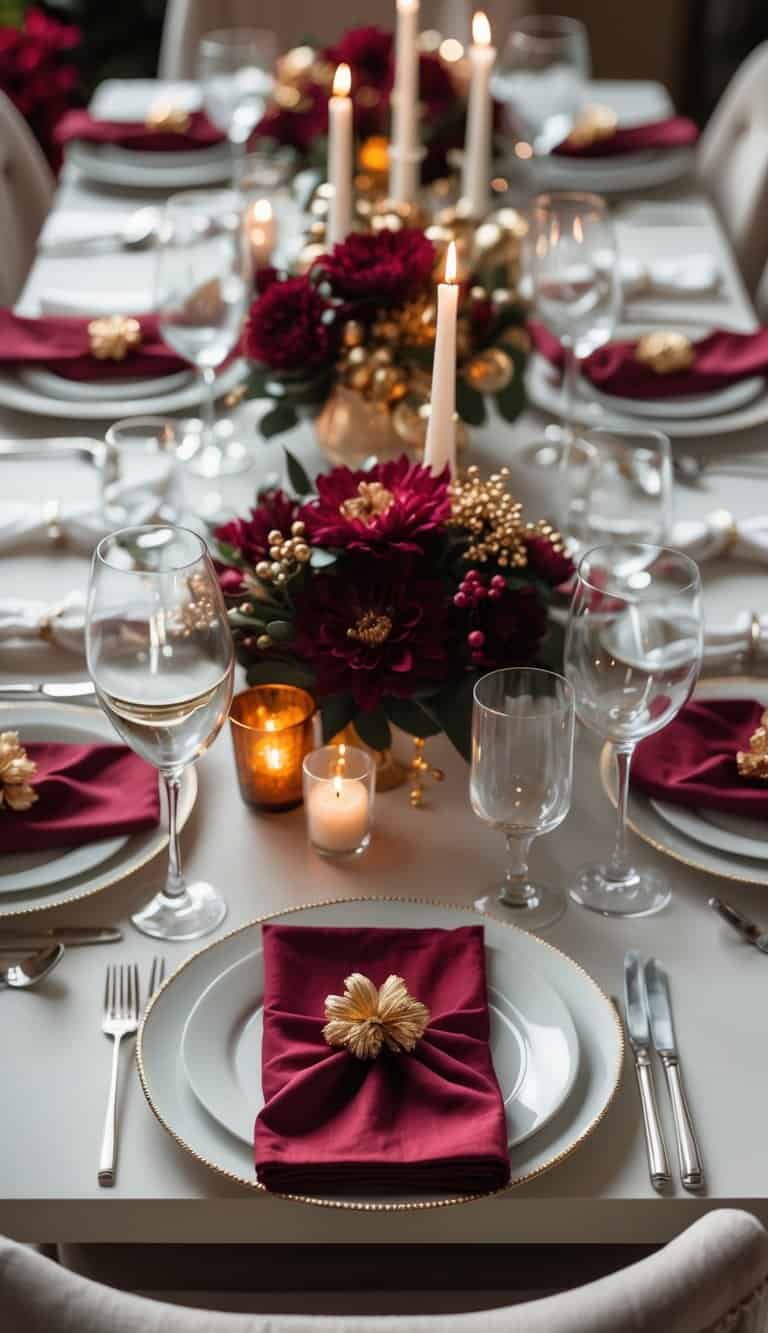 A dining table set with white plates, red and gold napkins, glasses, cutlery, floral centerpieces, and lit candles.