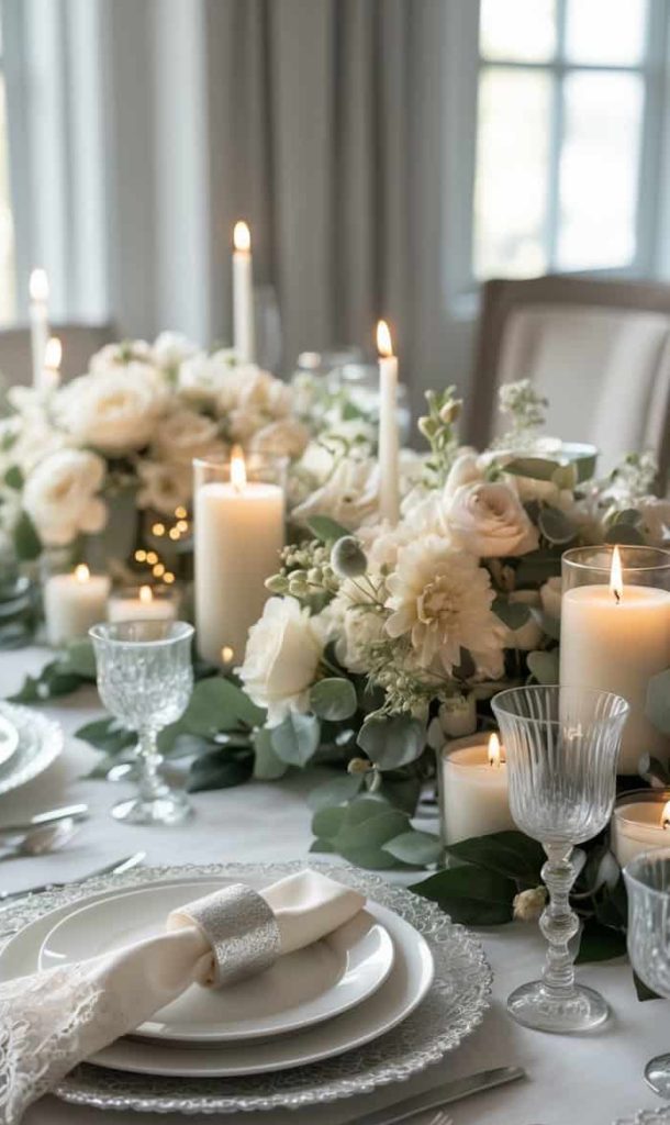 Elegant table setting with white flowers, candles, crystal glasses, and silver cutlery on a white tablecloth, creating a sophisticated, formal atmosphere.