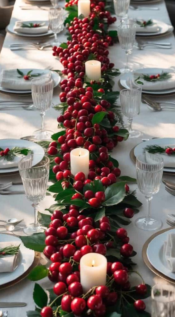 A long dining table set with plates, glasses, and silverware features a centerpiece of red berries, greenery, and white candles running down the middle.