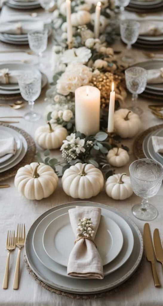 A formal dining table set with white plates, gold cutlery, clear glasses, white napkins, mini white pumpkins, candles, and floral centerpiece on a white tablecloth.