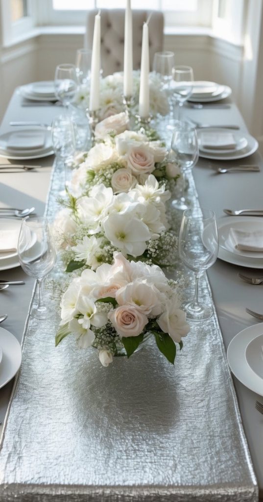 A formal dining table set with white plates, glassware, and silverware, featuring a silver table runner and white floral centerpieces with tall white candles.