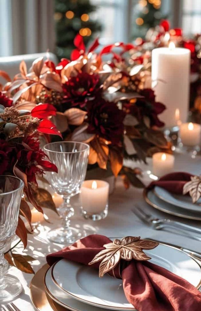 Elegant dining table set with white plates, gold accents, burgundy napkins, glassware, and autumn floral centerpiece with candles.