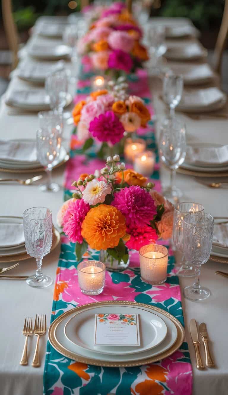 A dining table set with plates, glasses, cutlery, candles, and floral centerpieces featuring pink and orange flowers on a colorful runner.
