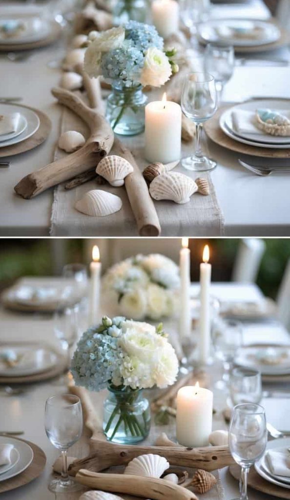 A coastal-themed table setting with white plates, wooden chargers, seashells, driftwood, candles, and floral centerpieces in glass vases.