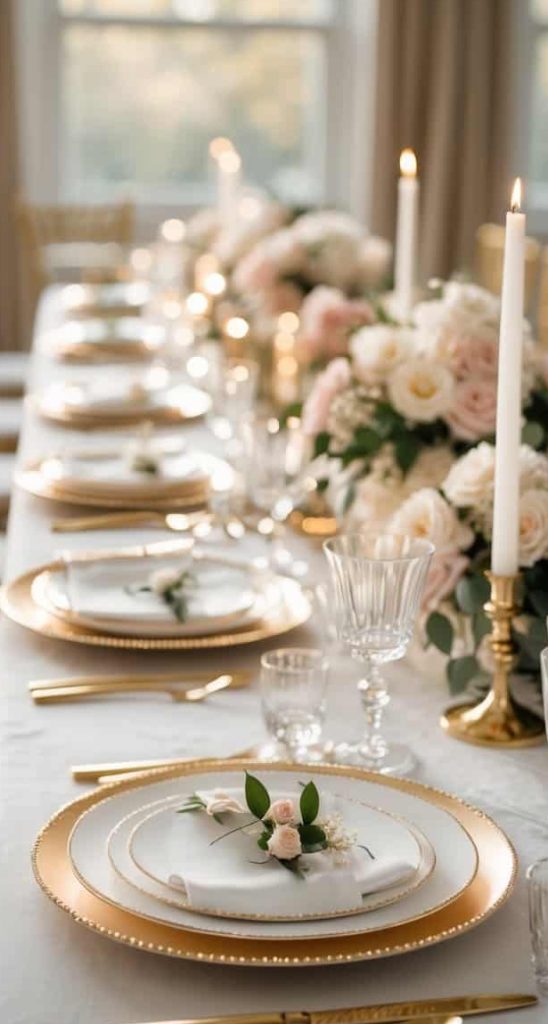 A long dining table set with gold-rimmed plates, gold cutlery, crystal glasses, white napkins with floral accents, and floral centerpieces with pink and white roses.