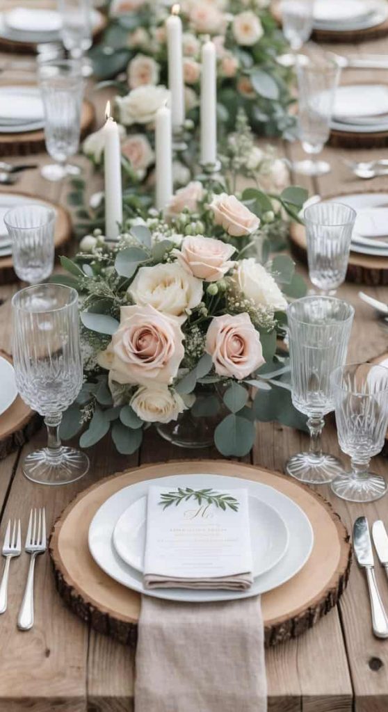 A rustic outdoor table is set with white plates on wooden chargers, crystal glassware, beige napkins, and floral centerpieces with white candles and blush roses.