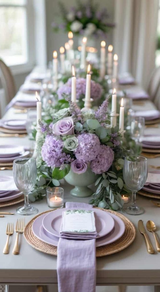 A formal dining table set with lavender-themed plates, gold cutlery, and floral centerpieces featuring purple flowers, candles, and folded napkins.
