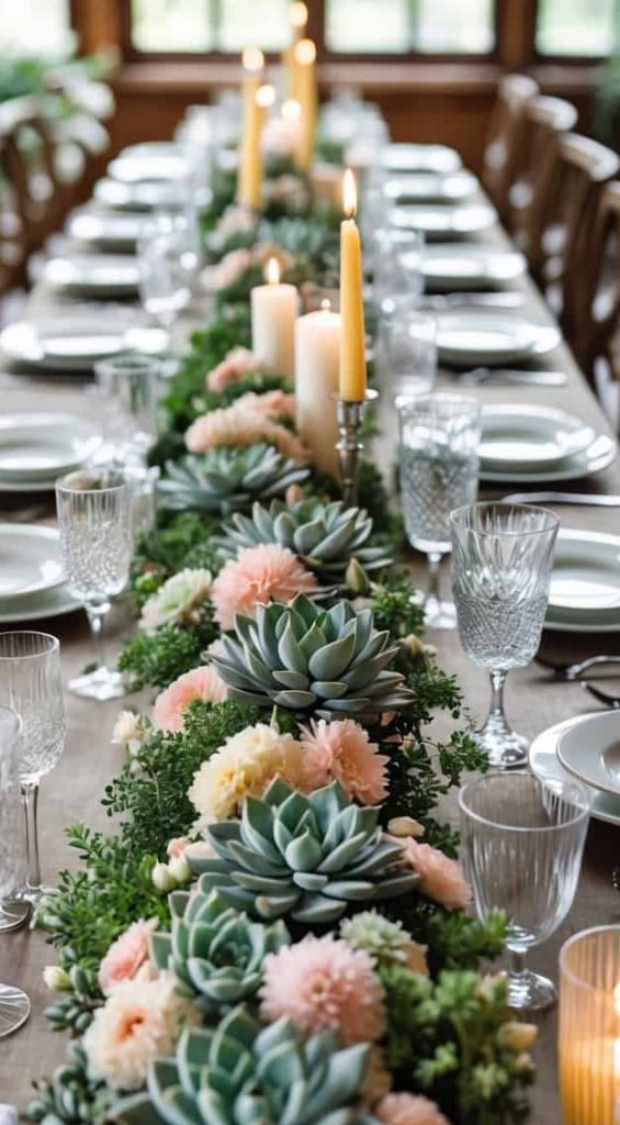 A long dining table set with plates, glasses, and silverware, featuring a centerpiece of succulents, flowers, greenery, and lit candles.