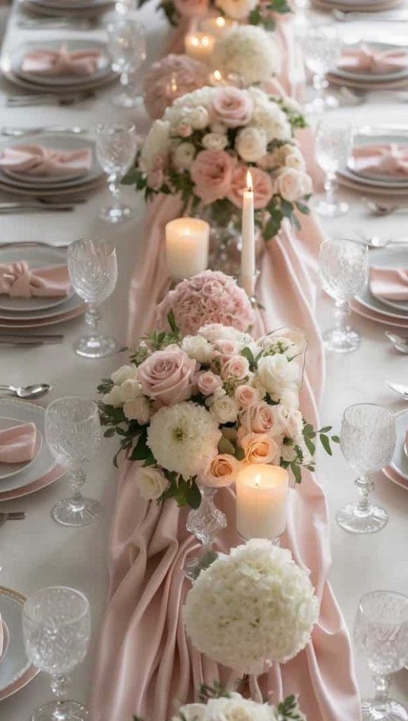 A long banquet table with pink and white floral arrangements, candles, crystal glassware, white plates, and pink napkins, set for a formal event.