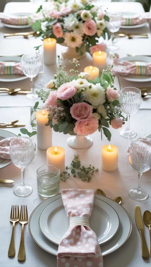A dining table set with gold cutlery, white plates, pink polka dot napkins, floral centerpieces, wine glasses, and lit candles, creating an elegant, formal atmosphere.