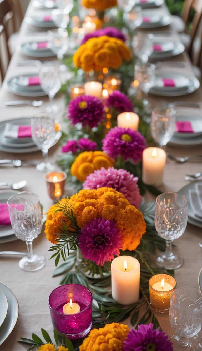 A dining table set with plates, glasses, cutlery, floral centerpieces in marigold and fuchsia, and candles, lit by natural light.