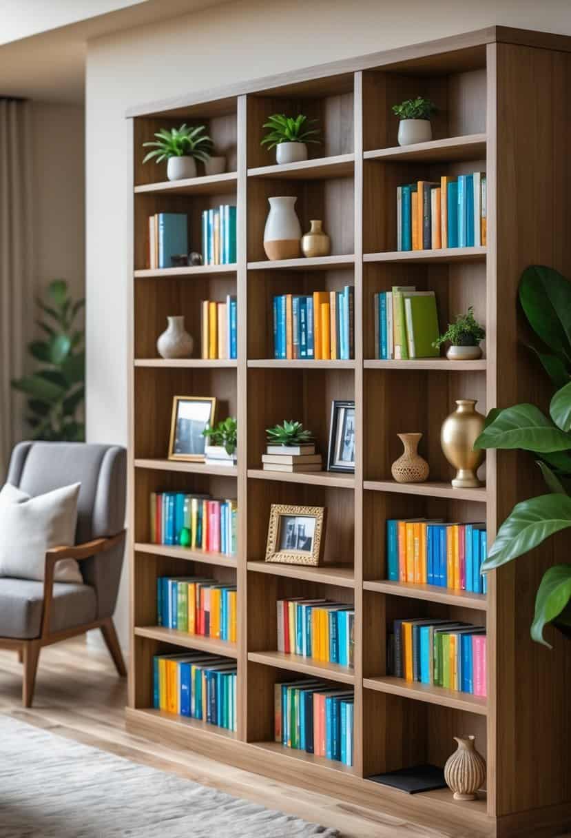 A wooden bookshelf decorated with books, plants, framed photos, and vases in a living room.