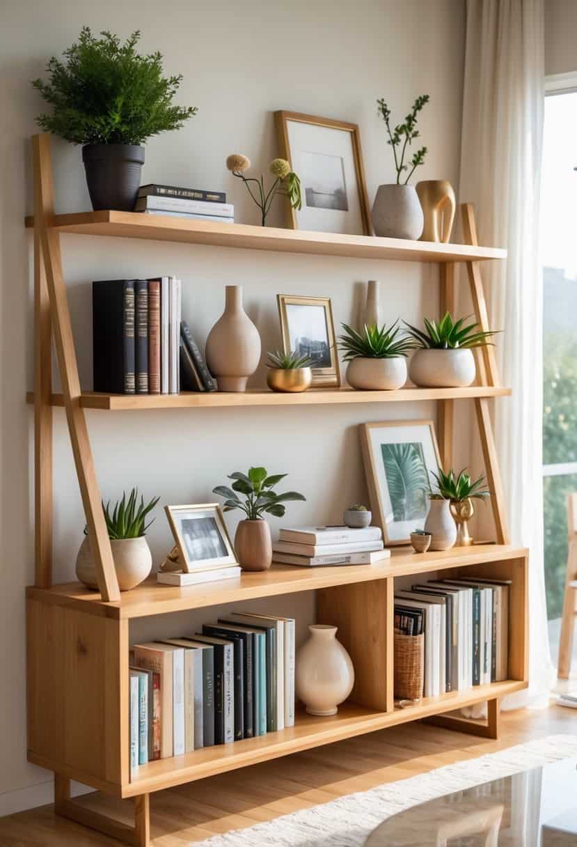 A wooden bookshelf decorated with books, plants, vases, and framed photos in a bright living room.