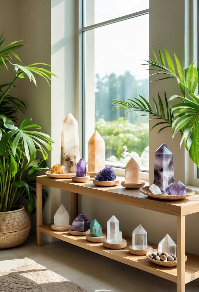 A sunlit wooden shelf near a window displaying an assortment of crystals and stones arranged with plants and natural decor.