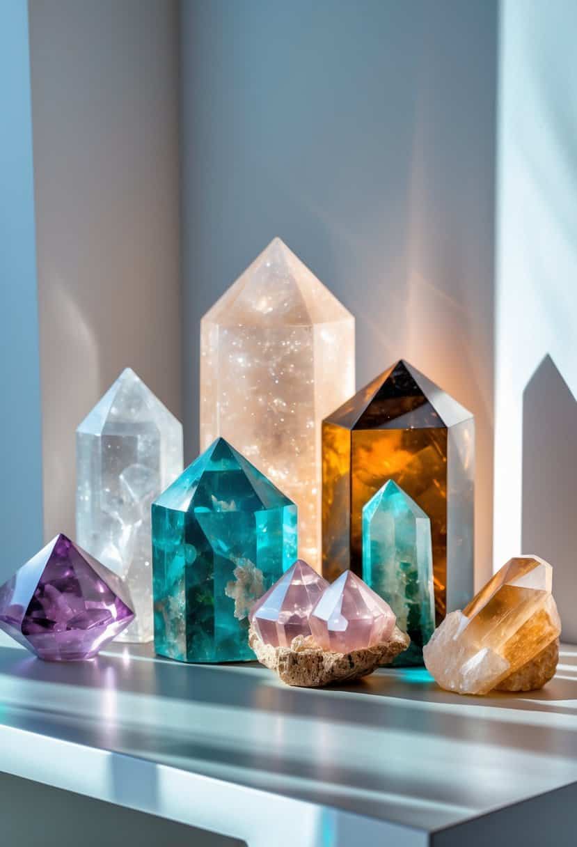 A collection of crystals and stones arranged on a surface with soft lighting that highlights their colors and textures.