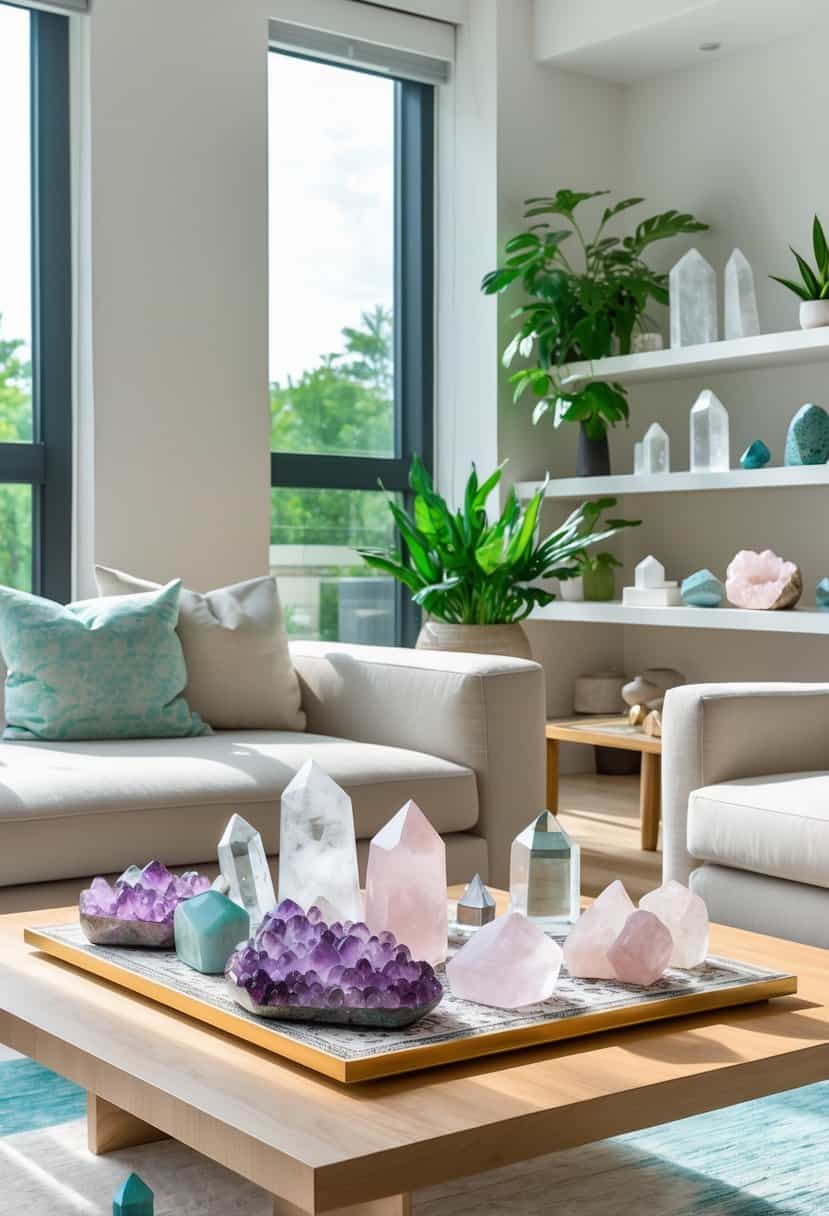 A modern living room with crystals and stones displayed on a coffee table and bookshelf, surrounded by plants and natural light.
