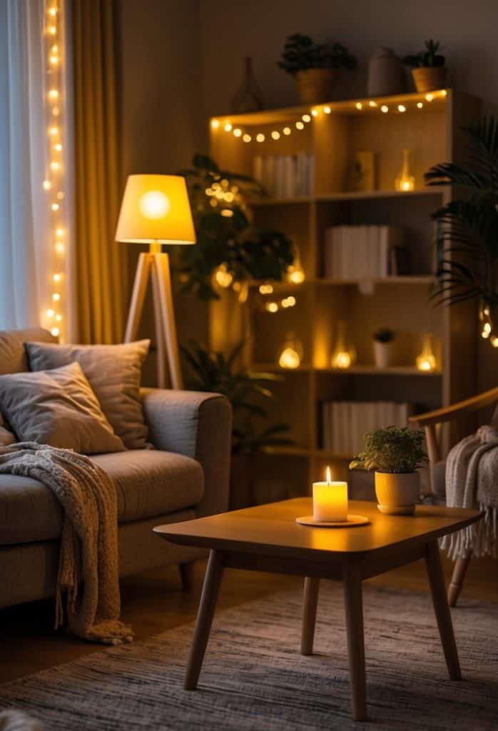 A cozy living room with a sofa, wooden coffee table with a lit candle, potted plant, bookshelf, floor lamp, and string lights creating a warm atmosphere.