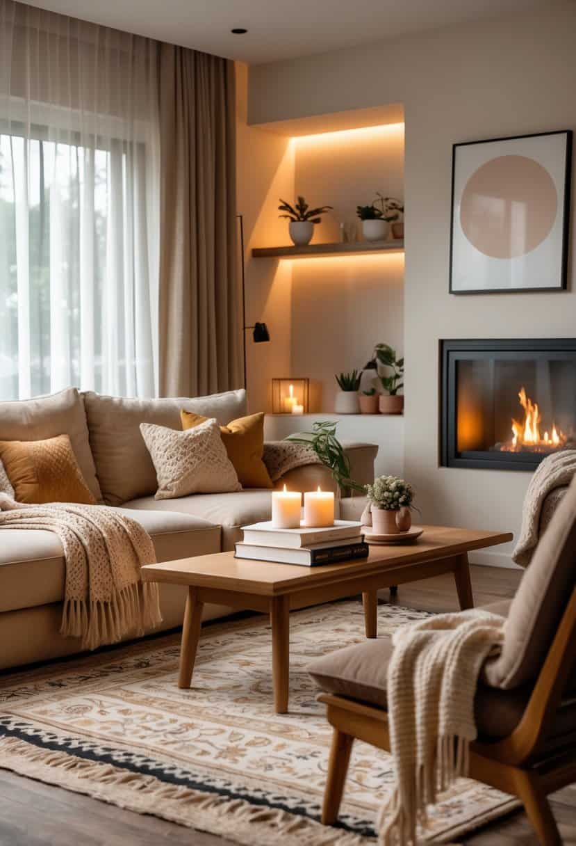 A cozy living room with a beige sectional sofa, coffee table with books and candle, fireplace, and soft natural light coming through windows.