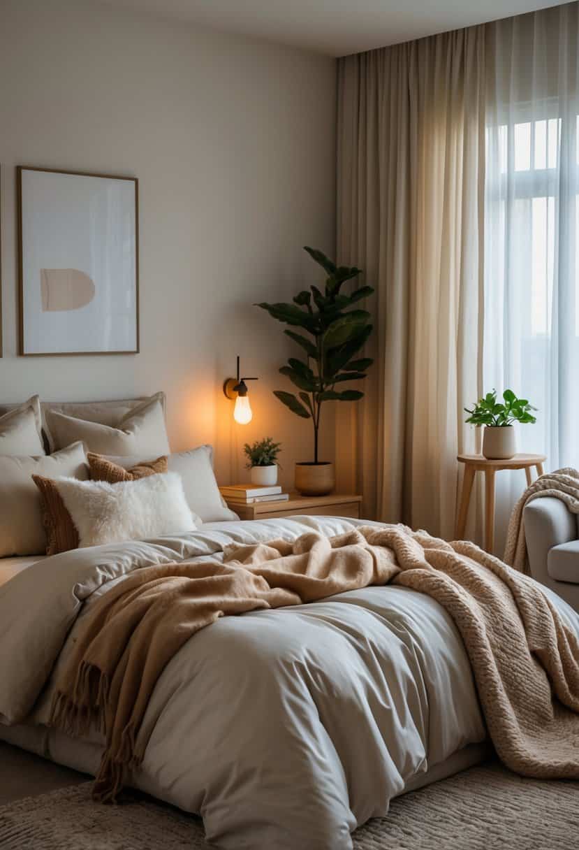 A cozy bedroom with a neatly made bed, soft pillows, warm lighting, a wooden nightstand with a plant and book, and a comfortable armchair with a throw.