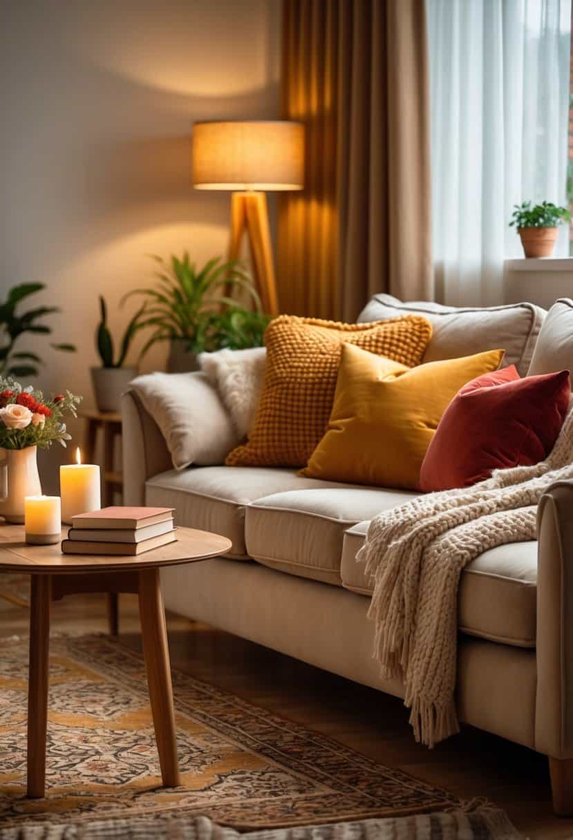 A cozy living room with a beige sofa, warm-toned cushions and throws, a wooden coffee table with a lit candle and flowers, soft natural light, and green plants.