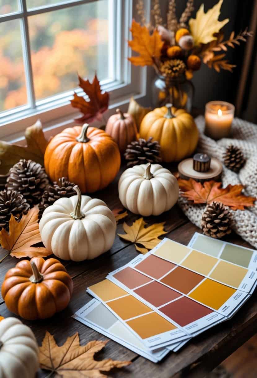 A table with pumpkins, dried leaves, fabric swatches, and paint samples arranged to show fall decorating colors in a warm, cozy room.