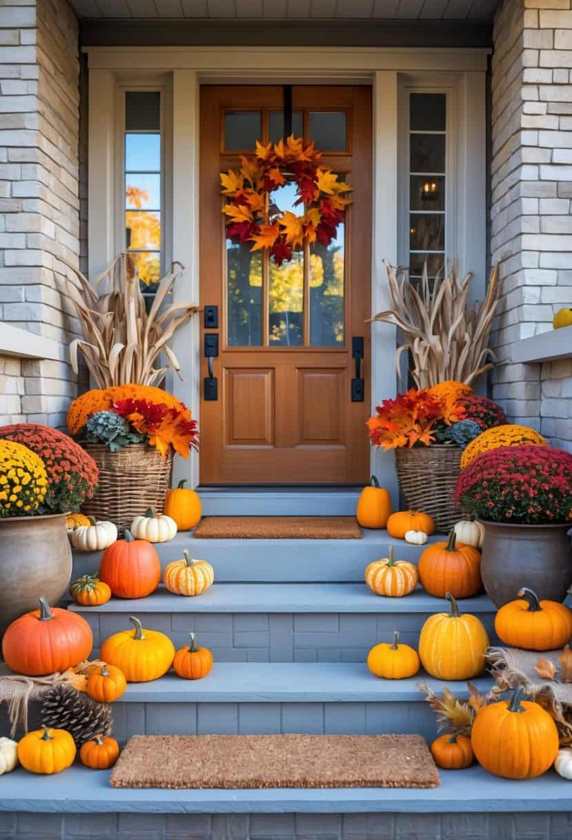A front porch decorated with pumpkins, fall flowers, and autumn leaves around a wooden door.