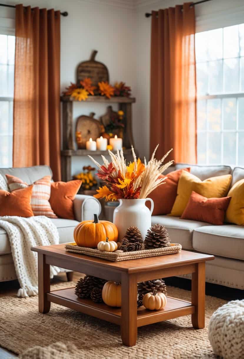 A living room decorated with autumn-themed items including pumpkins, fall leaves, and cozy blankets on a sofa.