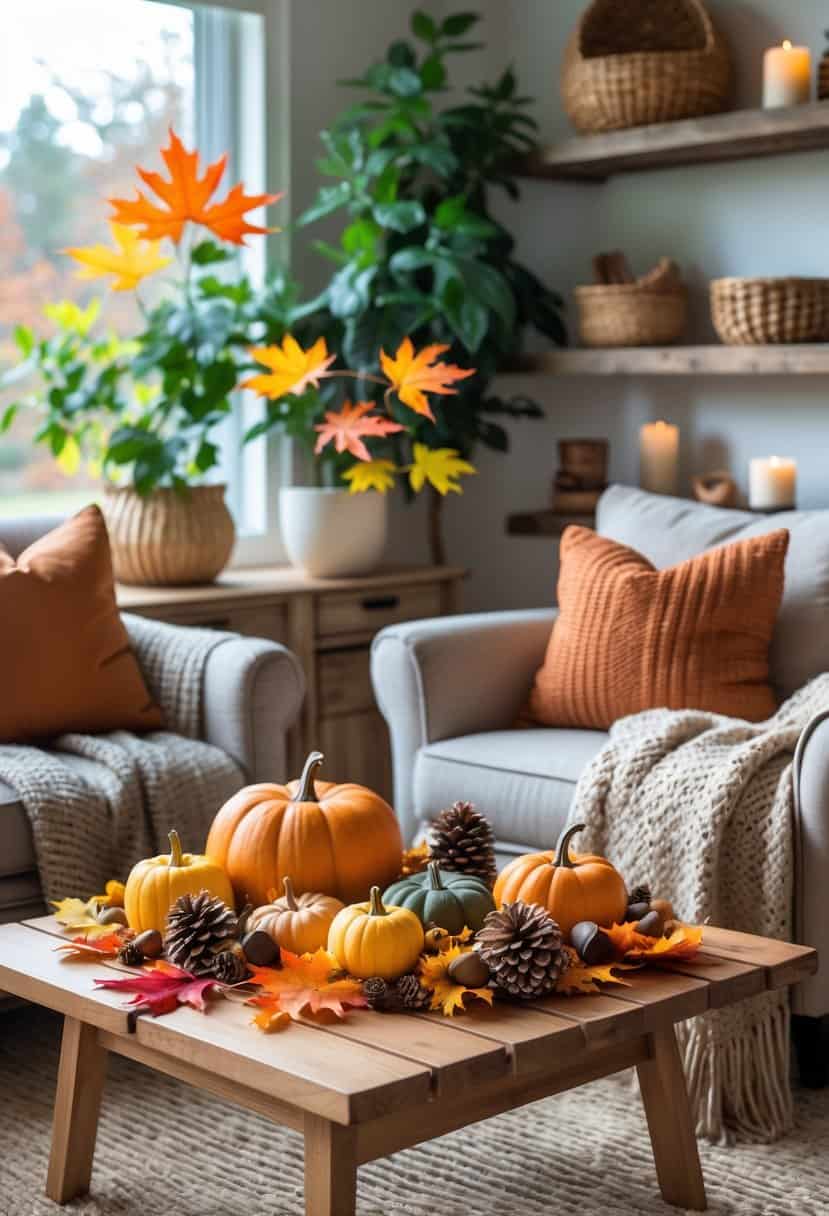 Indoor living room decorated with fall items including pumpkins, pinecones, colorful leaves, plants, and cozy furniture near a large window.