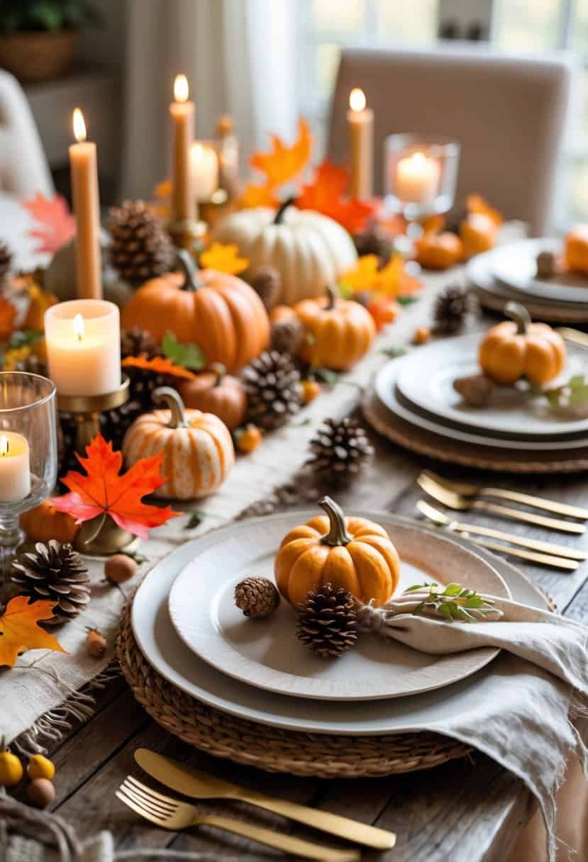 A dining table decorated with autumn-themed centerpieces including pumpkins, fall leaves, candles, and natural elements, set for a meal.