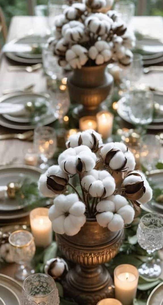 A dining table set with elegant dinnerware, glassware, candles, and centerpieces featuring cotton stems in ornate vases, surrounded by greenery.