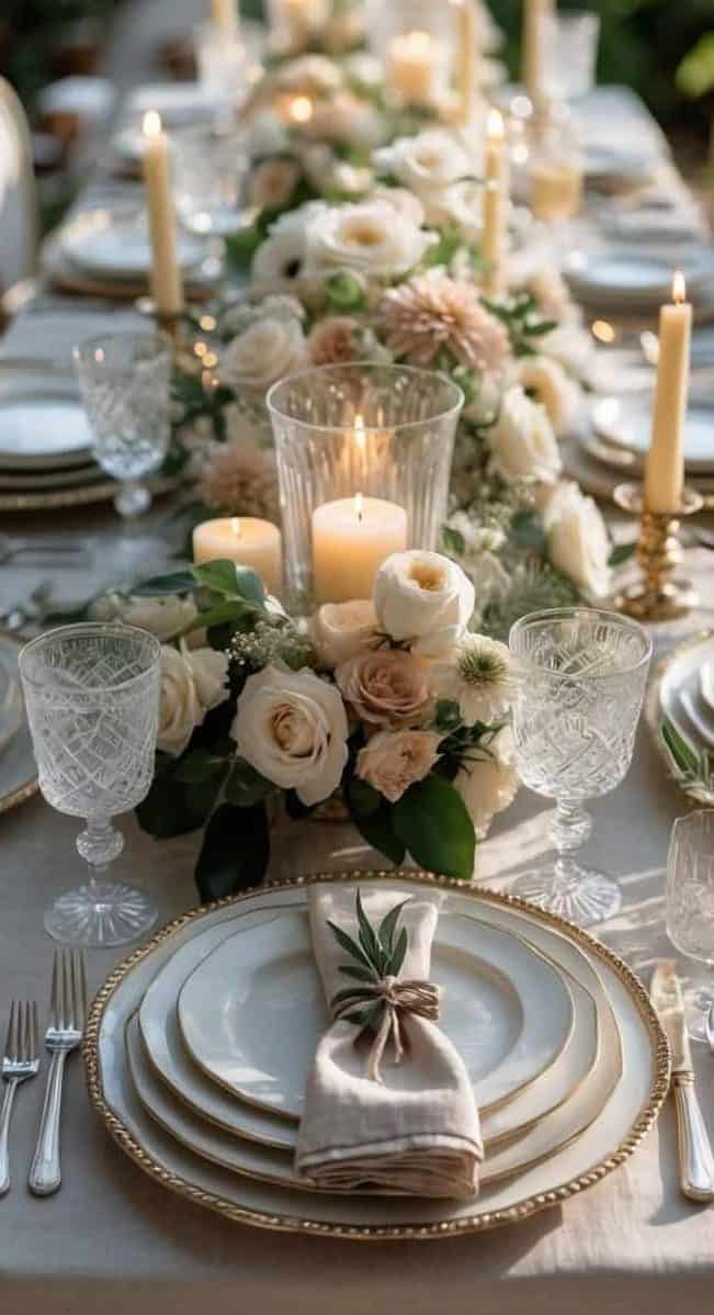Elegant outdoor dining table set with white plates, crystal glasses, beige napkins, and floral centerpiece with white roses and lit candles.