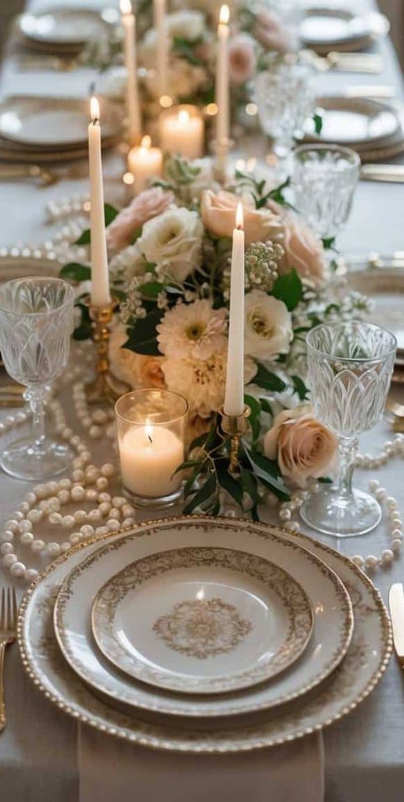 Elegant dining table set with fine china, crystal glasses, gold cutlery, lit candles, and floral centerpieces featuring white and blush flowers on a white tablecloth.
