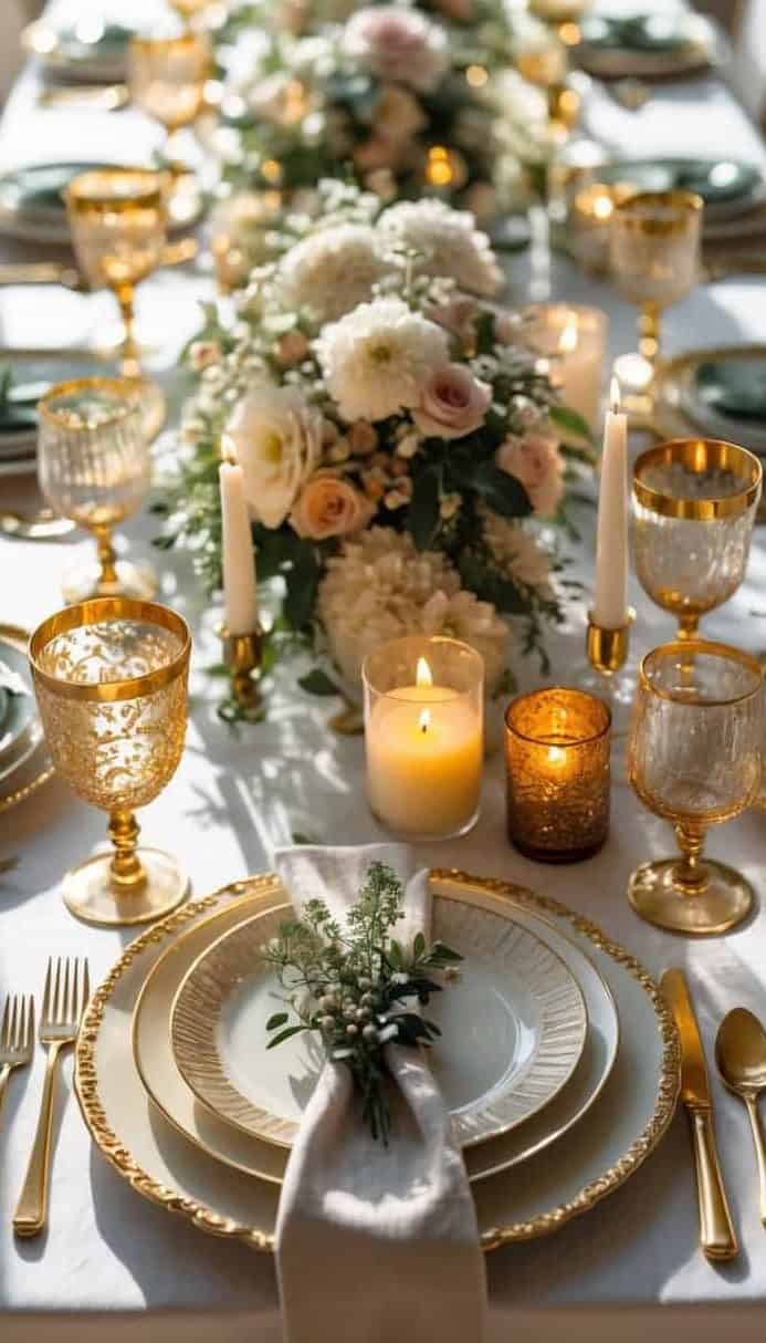 Elegant dinner table set with gold-rimmed plates, gold utensils, crystal glasses, candles, and a floral centerpiece with white and blush flowers.