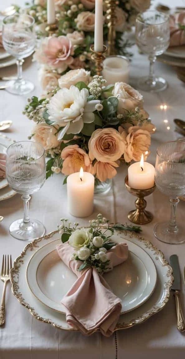 Elegant dining table set with white plates, gold cutlery, crystal glasses, pink napkins, floral centerpieces, and lit candles on a white tablecloth.