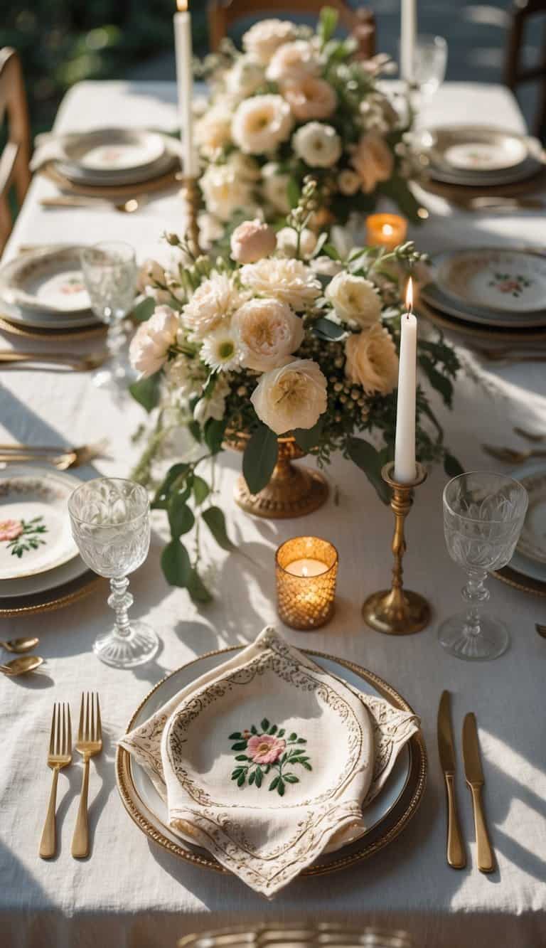 A dining table set with plates, glasses, cutlery, embroidered vintage handkerchief napkins, floral centerpieces, and lit candles in natural daylight.