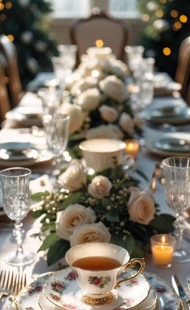 Elegant table set with floral china, crystal glasses, gold cutlery, and a white rose centerpiece, with lit candles creating a warm atmosphere.