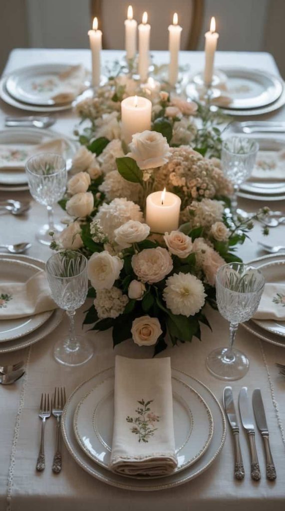 A formal dining table set with white dishes, glassware, silver cutlery, floral napkins, and a centerpiece of white flowers and lit candles.